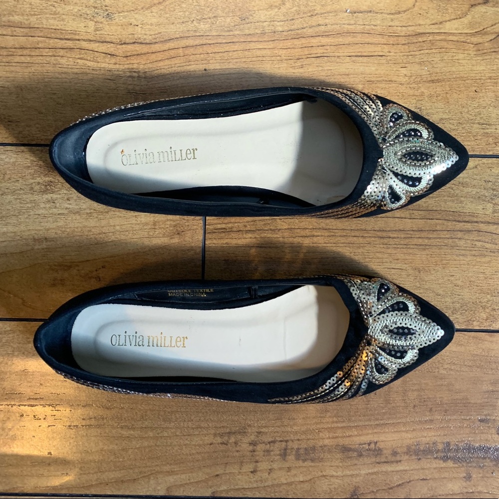 Olivia Miller black and sequin gold flats